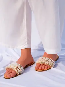 MyMy footwear Women Woven Design Leather Open Toe Flats With Western - Embellished