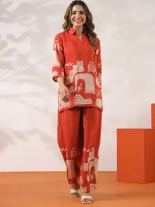 JISORA Printed Silk Top With Trousers Co-Ords