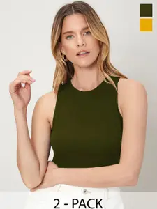 TOOCHKI Olive & Mustard Lycra Sleeveless Round Neck Stretchable fit Crop Top