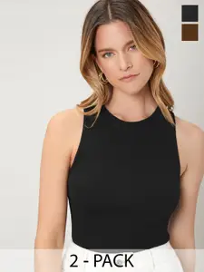 TOOCHKI Black & Brown Lycra Sleeveless Round Neck Stretchable fit Crop Top