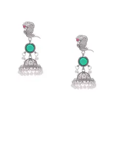 Anouk Silver-Plated Stone Studded And Pearls Beaded Oxidised Contemporary Jhumkas