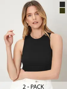 TOOCHKI Black & Olive Lycra Sleeveless Round Neck Stretchable fit Crop Top