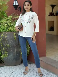 URMIR FASHION Floral Embroidered Mandarin Collar Khadi Shirt Style Top