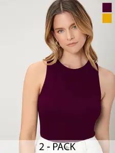 TOOCHKI Wine & Mustard Lycra Sleeveless Round Neck Stretchable fit Crop Top