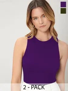 TOOCHKI Pack Of 2 Deep Purple & Olive Lycra Sleeveless Round Neck Stretchable fit Crop Top