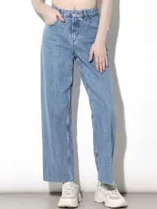 ONLY Women Straight Fit High-Rise Low Distress Heavy Fade Cotton Acid Wash Jeans