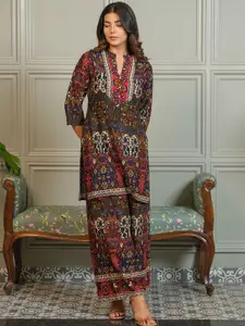 Sangria Printed Mandarin Collar Neck Top With Palazzos Co-Ords