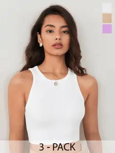 TOOCHKI Pack of 3 Solid Body Hugging Lycra Tank Crop Top