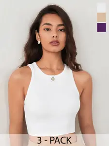 TOOCHKI Pack of 3 Solid Body Hugging Lycra Tank Crop Top