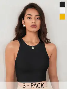 TOOCHKI Pack of 3 Solid Body Hugging Lycra Tank Crop Top