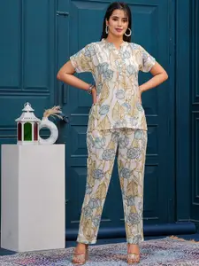 all about you Printed Pure Cotton Mandarin Collar Top With Trousers Co-Ords Set