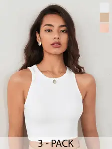 TOOCHKI Pack of 3 Solid Body Hugging Lycra Tank Crop Top