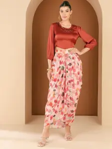 Antheaa Embellished Satin Corset With Draped Skirt Co-Ords