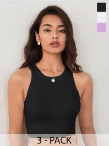 TOOCHKI Pack of 3 Solid Body Hugging Lycra Tank Crop Top