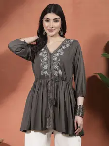 Sangria Women Floral Embroidered V-Neck A-Line Kurti