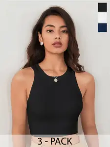TOOCHKI Pack of 3 Solid Body Hugging Lycra Tank Crop Top