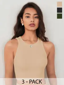 TOOCHKI Pack of 3 Solid Body Hugging Lycra Tank Crop Top