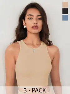 TOOCHKI Pack of 3 Solid Body Hugging Lycra Tank Crop Top