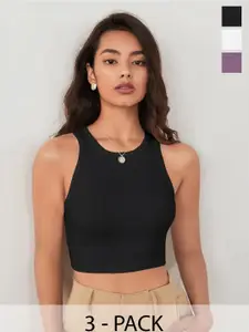 TOOCHKI Pack of 3 Solid Body Hugging Lycra Tank Crop Top