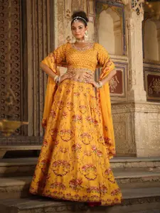 SCAKHI Floral Printed Raw Silk Ready to Wear Lehenga & Blouse With Dupatta