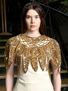 ODETTE Women Golden Embellished Cape Party Button Shrug