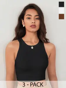 TOOCHKI Pack of 3 Solid Body Hugging Lycra Tank Crop Top