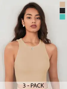 TOOCHKI Pack of 3 Solid Body Hugging Lycra Tank Crop Top