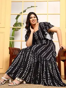 DEEBACO Women Plus Size Floral Tiered Monochrome Flutter Sleeve Fit & Flare Midi Dress