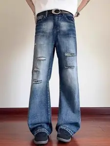 StyleCast x Revolte Men Wide Leg Mid-Rise Distressed Jeans