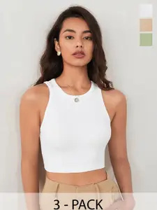 TOOCHKI Pack of 3 Solid Body Hugging Lycra Tank Crop Top
