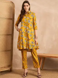 all about you Floral Printed Cotton Shirt Collar Neck Top With Trousers  Co-Ords