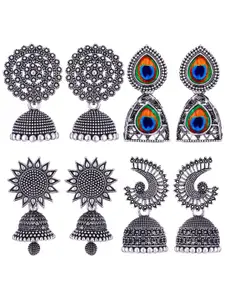 Sangria Women Pair Of 4 Peacock Shaped Silver Oxidised Jhumkas