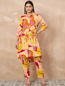 all about you Printed Pure Cotton Shirt Collar Top With Trousers Co-Ords Set