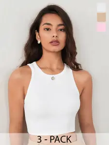 TOOCHKI Pack of 3 Solid Body Hugging Lycra Tank Crop Top