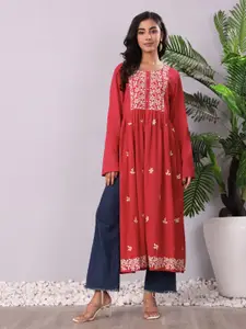 all about you Women Floral Embroidered Yoke Design Chikankari Cotton Kurta