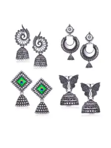 Sangria Women Set Of 4 Silver Dome Shaped Oxidized Jhumka Earrings