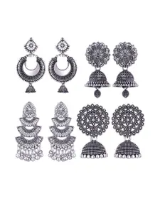 Sangria 4 Pair Peacock Shaped Silver Oxidized Chandbali Earrings