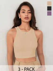 TOOCHKI Pack of 3 Solid Body Hugging Lycra Tank Crop Top