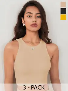 TOOCHKI Pack of 3 Solid Body Hugging Lycra Tank Crop Top