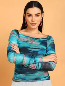 all about you Women Abstract Printed Square Neck Gathered or Pleated Fitted Top