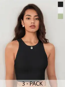 TOOCHKI Pack of 3 Solid Body Hugging Lycra Tank Crop Top