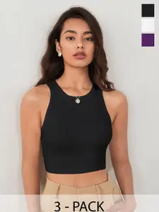 TOOCHKI Pack of 3 Solid Body Hugging Lycra Tank Crop Top