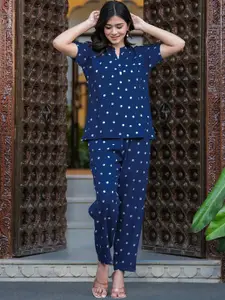 all about you Polka Dot Printed Pure Cotton Mandarin Collar Top With Trousers Co-Ords Set