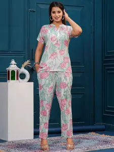 all about you Floral Printed Pure Cotton Mandarin Collar Top With Trousers Co-Ords Set