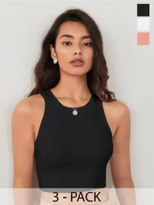 TOOCHKI Pack of 3 Solid Body Hugging Lycra Tank Crop Top
