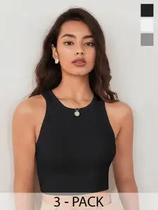 TOOCHKI Pack of 3 Solid Body Hugging Lycra Tank Crop Top