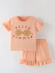 Xsole Girls Apricot Printed Round Neck T-shirt With Shorts