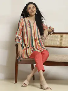 Rangriti Women Striped High-Low Hem Straight Kurti