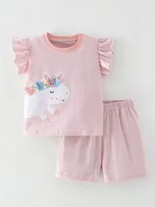 Xsole Girls Self Design Flutter Sleeves Round Neck T-shirt With Shorts