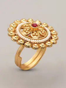 Exotic India Floral Adjustable Ring With Beads & Stone